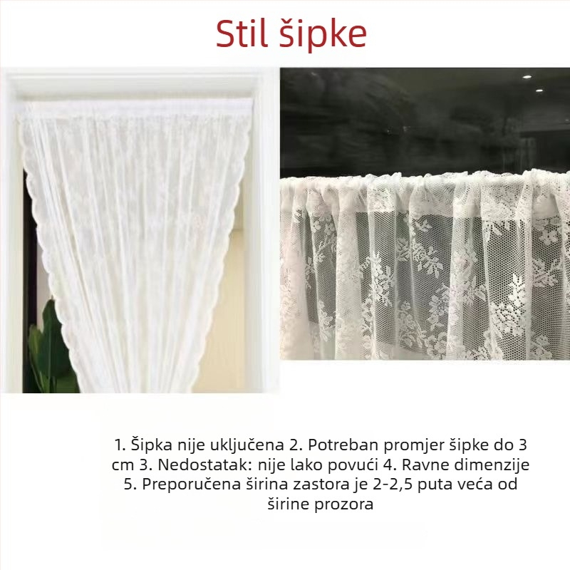 Francuska seoska čipkasta prozirna zavjesa za kuhinju, bijela, Velcro zatvarač, bez bušenja