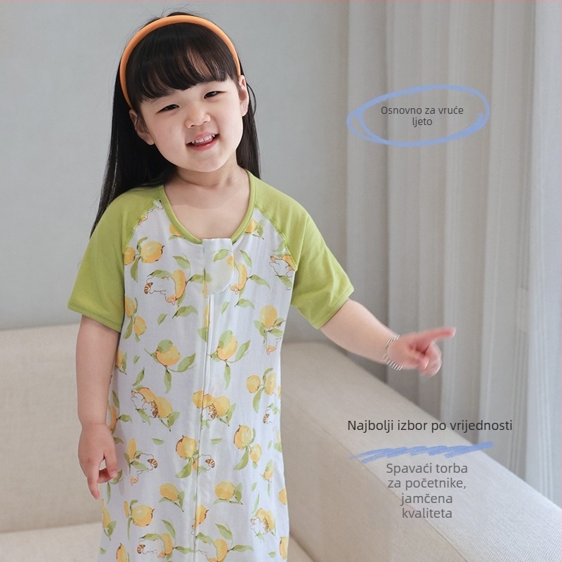 Dječji ljetni dvostruki spavaći vreć s kratkim rukavima, od bambus vlakana, podstava bambus-pamučna, uzorak crtani, odvlaži vlagu