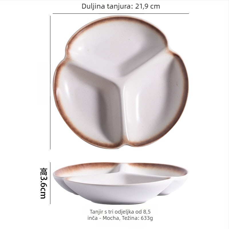 Tanjur s odjeljcima za mršavljenje, porculanski, nepravilnog oblika, moderno minimalistički stil, pogodan za mikrovalnu pećnicu