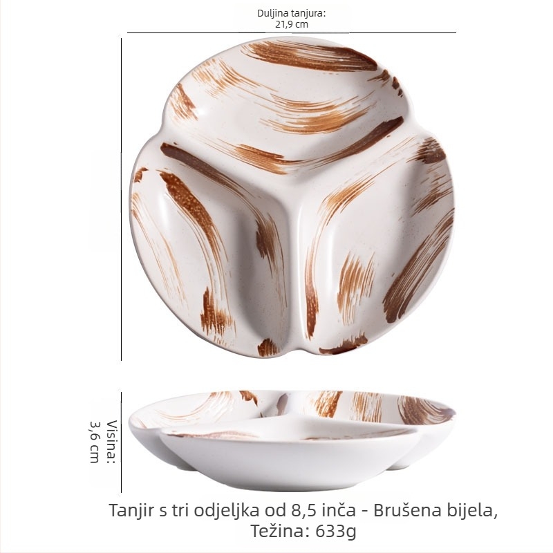 Tanjur s odjeljcima za mršavljenje, porculanski, nepravilnog oblika, moderno minimalistički stil, pogodan za mikrovalnu pećnicu