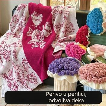 Jastuk za kauč i pleteni deka u kontrastnim bojama s buketom ruža, set jastuka i deke, poklon za djevojku ili najbolju prijateljicu, za poslijepodnevni odmor