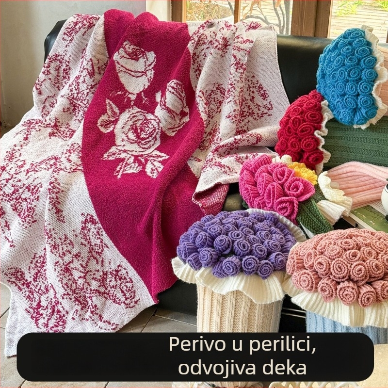Jastuk za kauč i pleteni deka u kontrastnim bojama s buketom ruža, set jastuka i deke, poklon za djevojku ili najbolju prijateljicu, za poslijepodnevni odmor