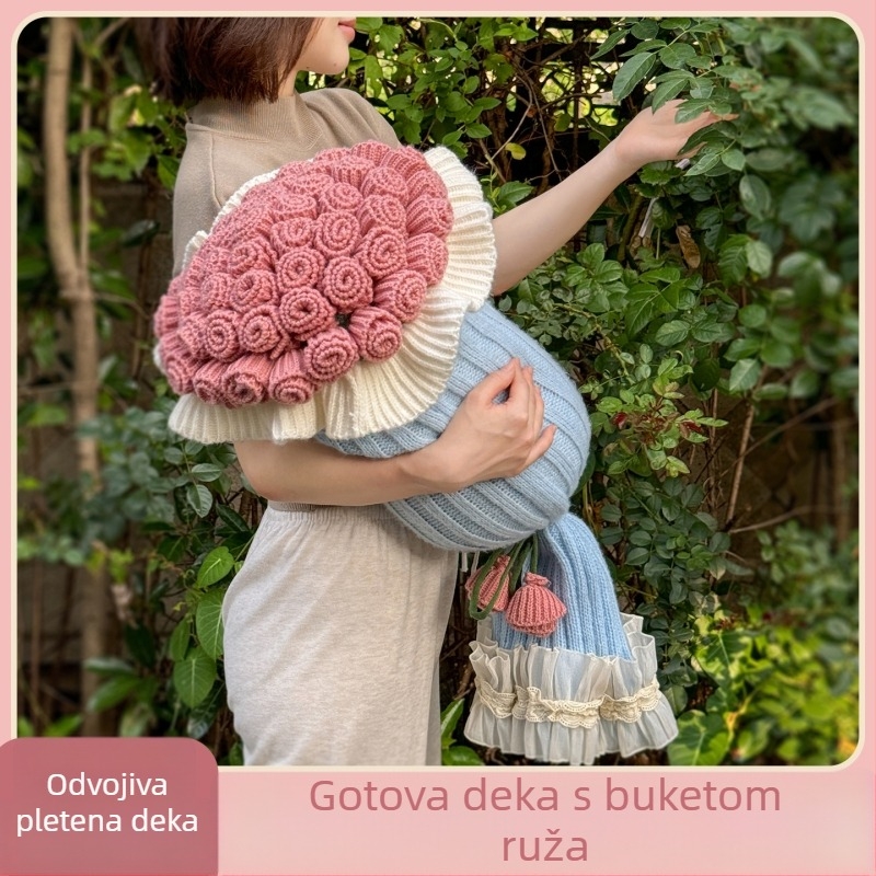 Jastuk za kauč i pleteni deka u kontrastnim bojama s buketom ruža, set jastuka i deke, poklon za djevojku ili najbolju prijateljicu, za poslijepodnevni odmor