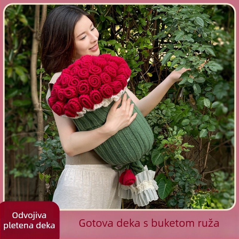 Jastuk za kauč i pleteni deka u kontrastnim bojama s buketom ruža, set jastuka i deke, poklon za djevojku ili najbolju prijateljicu, za poslijepodnevni odmor