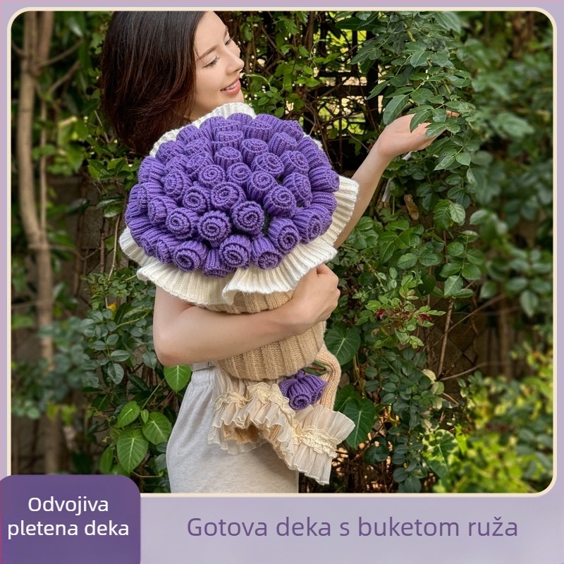 Jastuk za kauč i pleteni deka u kontrastnim bojama s buketom ruža, set jastuka i deke, poklon za djevojku ili najbolju prijateljicu, za poslijepodnevni odmor