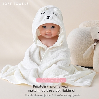 Dječji ručnik za kupanje s kapuljačom - koralni fleece, 150D, 120–140 g, brzo sušenje, uzorak: crtani likovi, slova, vezenje