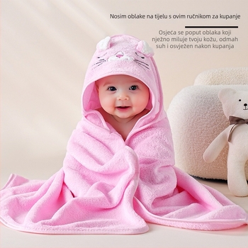 Dječji ručnik za kupanje s kapuljačom - koralni fleece, 150D, 120–140 g, brzo sušenje, uzorak: crtani likovi, slova, vezenje