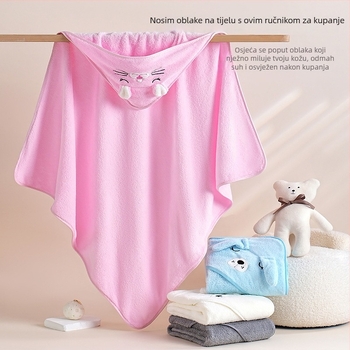 Dječji ručnik za kupanje s kapuljačom - koralni fleece, 150D, 120–140 g, brzo sušenje, uzorak: crtani likovi, slova, vezenje