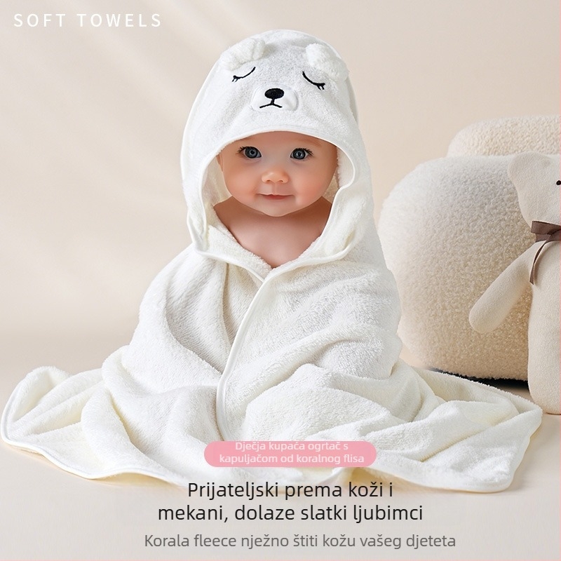 Dječji ručnik za kupanje s kapuljačom - koralni fleece, 150D, 120–140 g, brzo sušenje, uzorak: crtani likovi, slova, vezenje