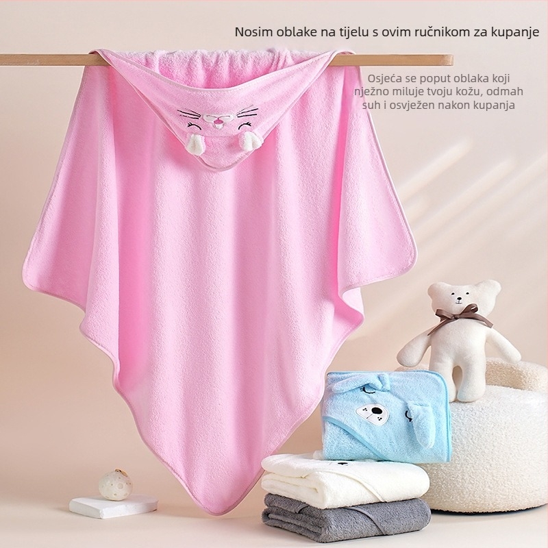 Dječji ručnik za kupanje s kapuljačom - koralni fleece, 150D, 120–140 g, brzo sušenje, uzorak: crtani likovi, slova, vezenje