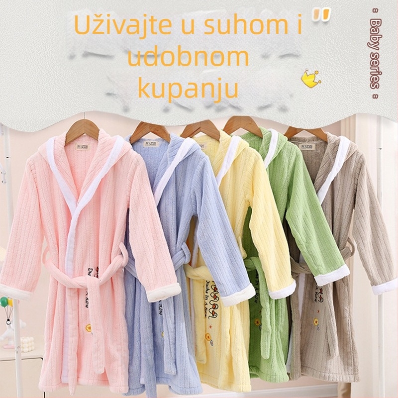 Dječji kućni ogrtač za kupanje od coral fleecea, dugačak i debeli, upijajući, s printom crtića; materijal: coral fleece; težina: 400–500 g; pređa: 32 vlakna; tisak