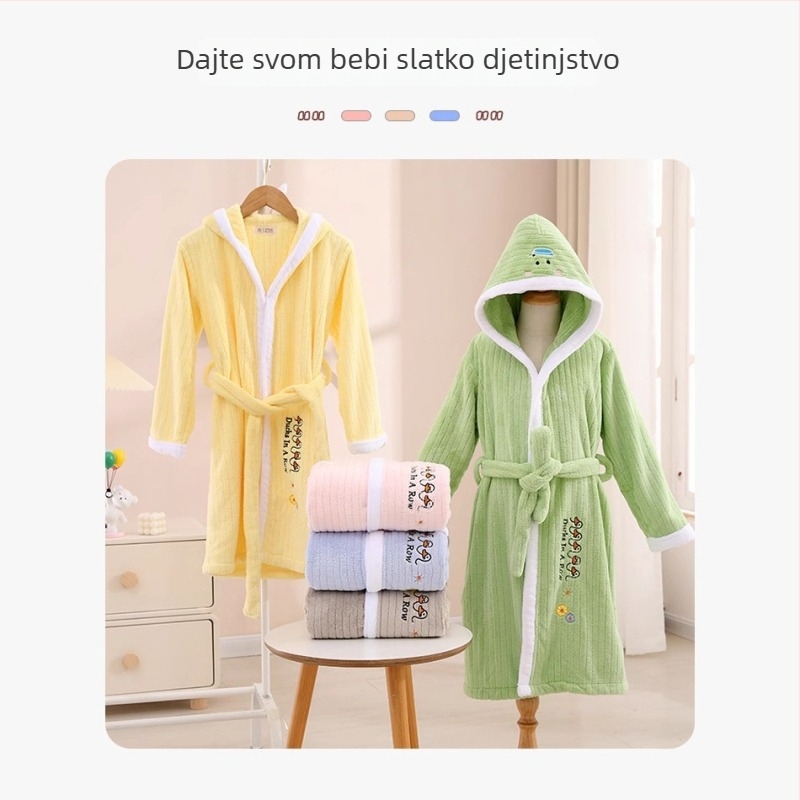 Dječji kućni ogrtač za kupanje od coral fleecea, dugačak i debeli, upijajući, s printom crtića; materijal: coral fleece; težina: 400–500 g; pređa: 32 vlakna; tisak