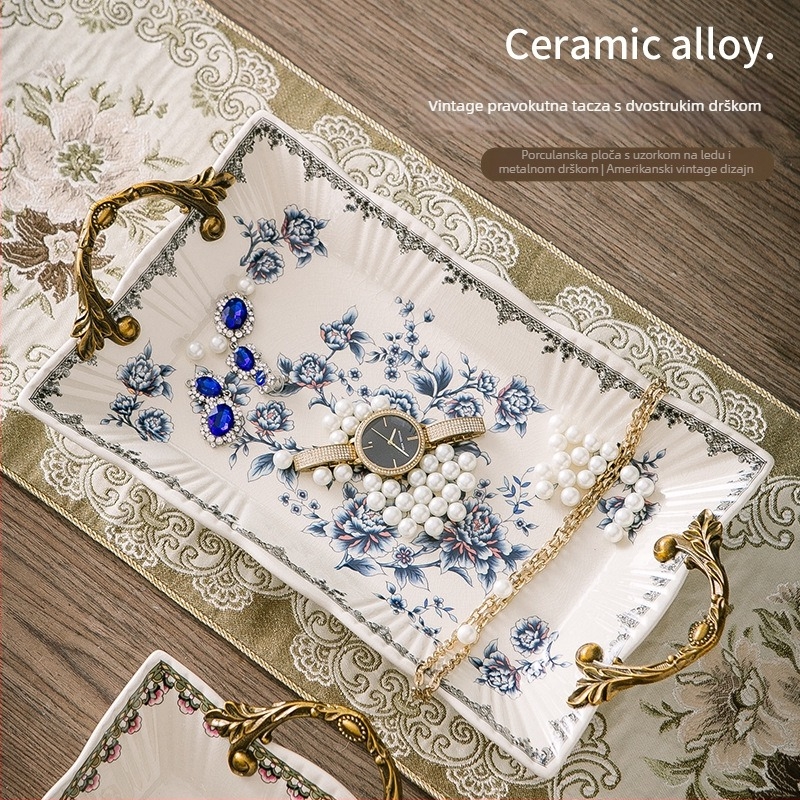 Porcelanska posuda za voće s dvostrukim držačima, lagano luksuzno-retro stil, težina 1,6 kg
