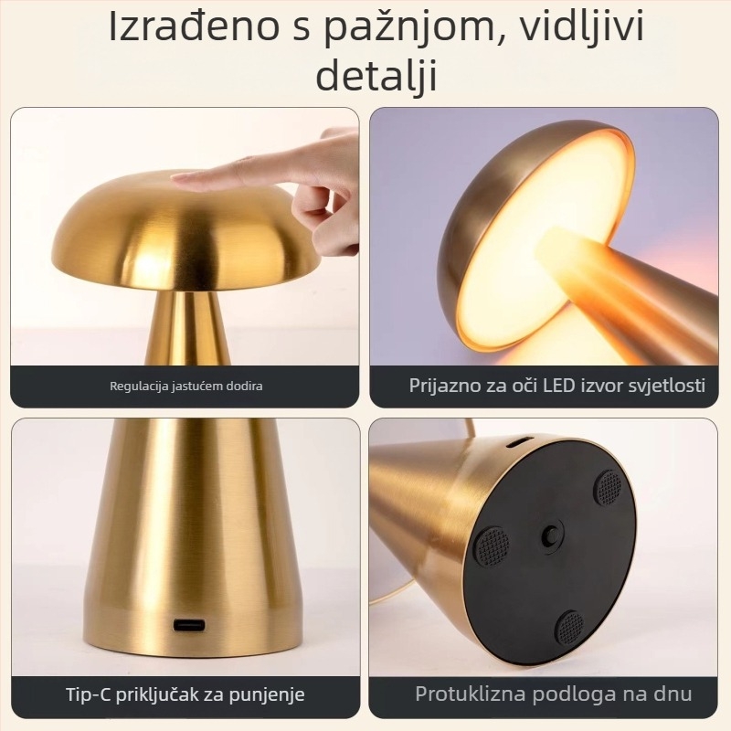 Metalna stolna lampa u obliku gljive – USB punjenje, dodirno upravljanje, noćna svjetiljka, kreativno ambijentalno osvjetljenje, Mugrids, CE certifikat