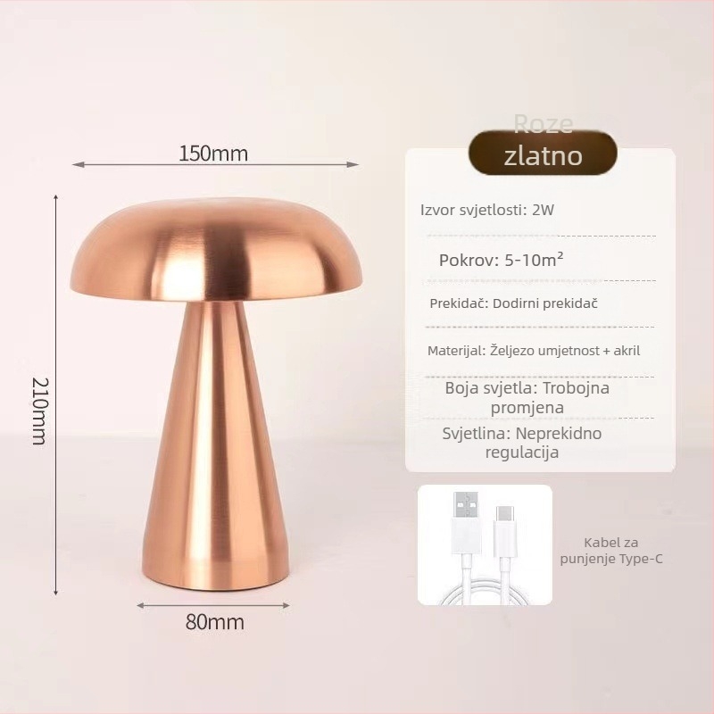 Metalna stolna lampa u obliku gljive – USB punjenje, dodirno upravljanje, noćna svjetiljka, kreativno ambijentalno osvjetljenje, Mugrids, CE certifikat