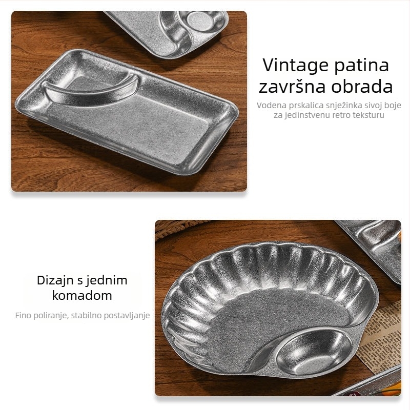 Poslužavnik za grickalice od nehrđajućeg čelika s pretincem za umak, školjkast oblik, retro stil, nepravilnog oblika
