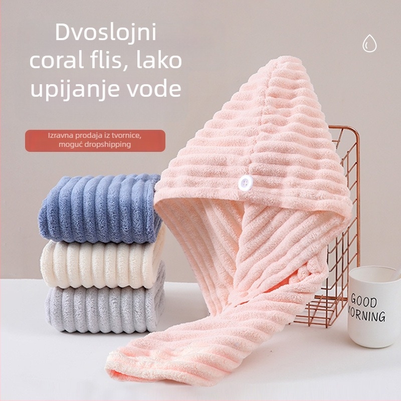 Ženska kapa za sušenje kose, upijajući koralni flis, 80–99 g, 150D, šav s rubom, prilagodljivo obrađivanje