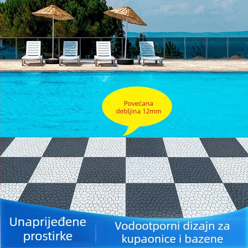 Interkonektirane drenažne protuklizne podloge za bazen i kupaonicu; Materijal: TPE; Uzorak: šljunak; Funkcija: protukliznost i dreniranje; Pogodne za bazen, kupaonicu, kuhinju i toaletu; Mogućnost prilagodbe