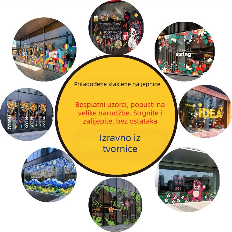 Stakleni reklamni naljepnice za izloge, prozirne elektrostaticke PVC naljepnice za trgovine (PVC; elektrostaticko prianjanje; prilagođeni uzorak; komercijalni prostori; moderni minimalisticki stil)