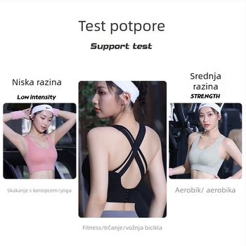 Sportski grudnjak s racerbackom, visoka podrška, latex košarice, najlon materijal s podstavom od spandexa, fiksne dvostruke naramenice, stražnji četiri reda kopči, prozračan i upija znoj