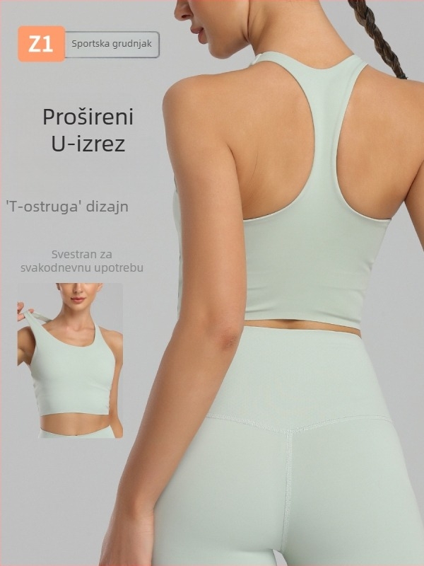 Ženski sportski grudnjak s oblikovanim košaricama 3/4, fiksne dvostruke naramenice, glavni materijal: najlon 75%, podstava od spandeksa 25%, brzo sušenje, pogodna za trčanje i fitness