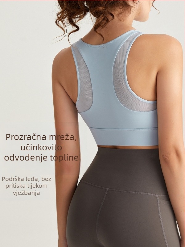 Ženski joga top s mrežastim leđima, sportski kroj, 3/4 košarice, srednje oblikovane košarice, čvrste dvostruke naramenice, glavni materijal: smjesa kemijskih vlakana (75% najlon); podstava: najlon 75%