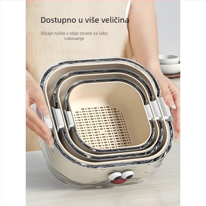 Dvostruki bazen za pranje povrća s odvodnim košem, ekološki PET plast, crtani uzorak, moderni minimalistički stil, vrhunska kvaliteta