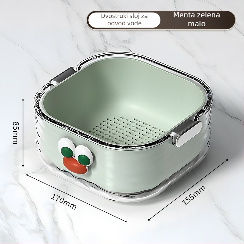Dvostruki bazen za pranje povrća s odvodnim košem, ekološki PET plast, crtani uzorak, moderni minimalistički stil, vrhunska kvaliteta