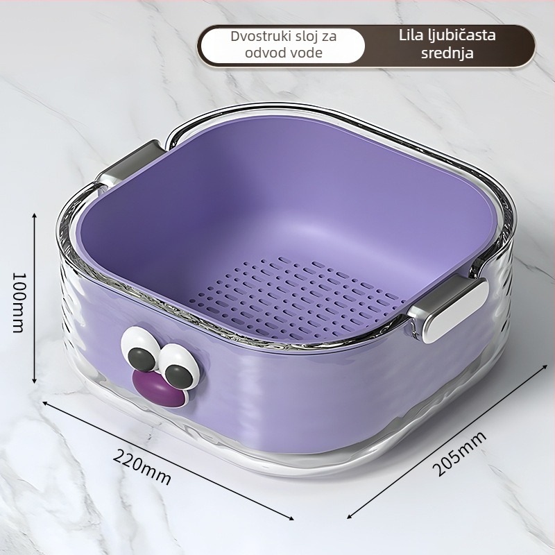 Dvostruki bazen za pranje povrća s odvodnim košem, ekološki PET plast, crtani uzorak, moderni minimalistički stil, vrhunska kvaliteta