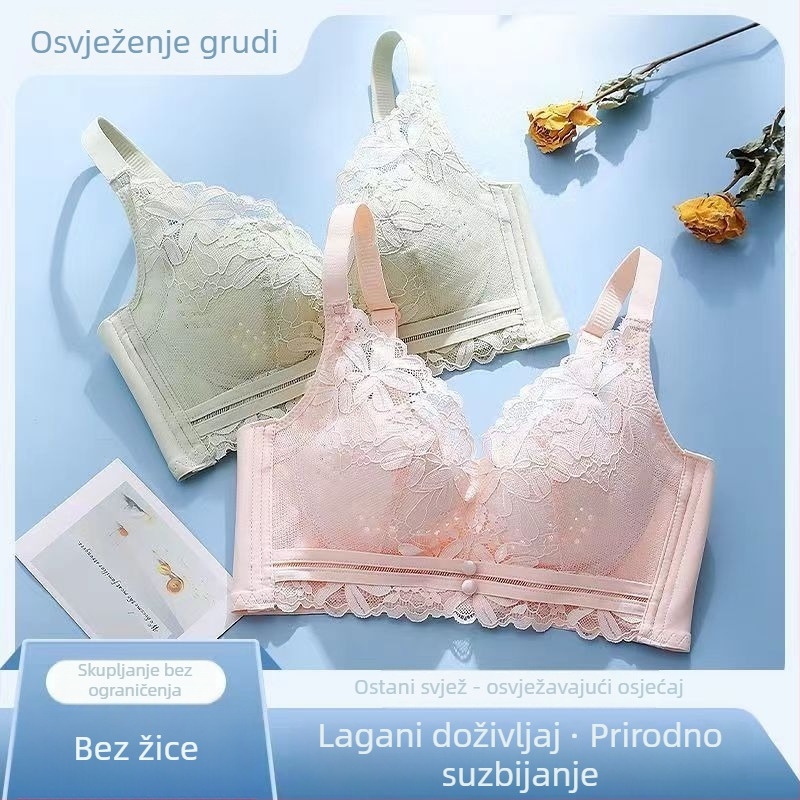 Čipkasti bežični grudnjak za žene – 3/4 košarica, tanke oblikovane košarice, najlon smjesa, fiksne dvostruke naramenice, stražnje kopčanje s četiri reda