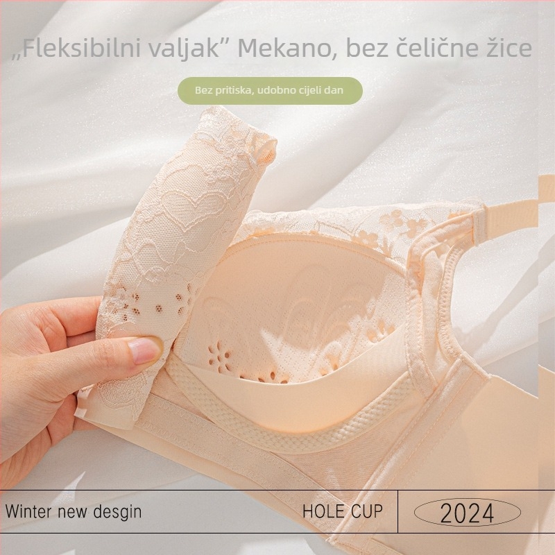 Čipkasti grudnjak, 3/4 šalica, tanka oblikovana cupa, fiksne dvostruke naramenice, stražnji zatvarač s četiri reda kopči, push-up, prozračno