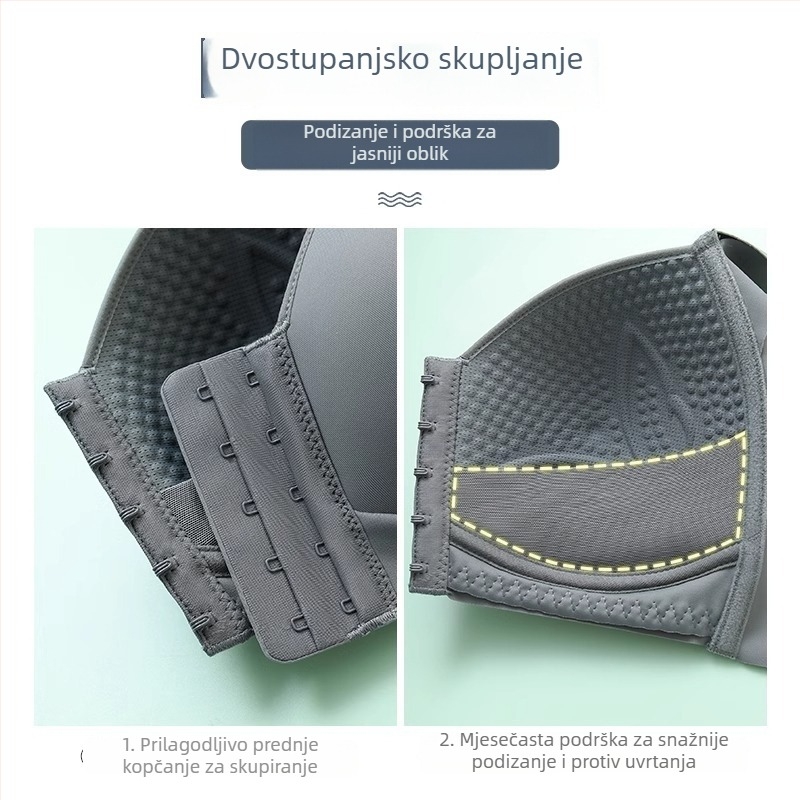 Grudnjak s prednjim kopčanjem, bočnom podrškom i skupljanjem dojki; tanke oblikovane košarice; najlonska tkanina s podstavom 30-50% spandexa