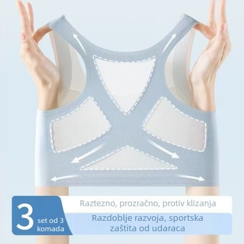 Sportski grudnjak za djevojčice u pubertetu (12–15 godina), bez žice, pun košarica s tankim oblikovanim košaricama, glavni materijal Nylon (70–80%), čvrste dvostruke naramenice, prozračan i oblikuje