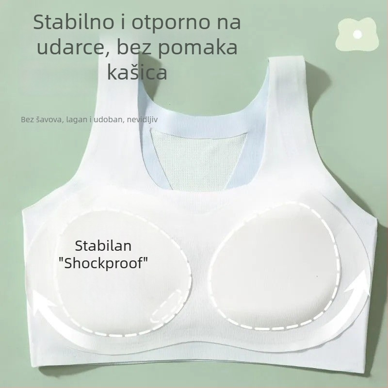 Sportski grudnjak za djevojčice u pubertetu (12–15 godina), bez žice, pun košarica s tankim oblikovanim košaricama, glavni materijal Nylon (70–80%), čvrste dvostruke naramenice, prozračan i oblikuje