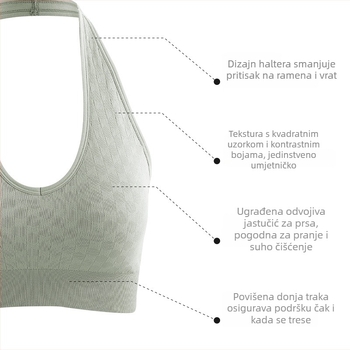 Joga top s umetkom za grudni koš (Materijal: Spandex/Lycra; Glavni materijal: Spandex 6,1%; Podstava: Nylon 93,9%; Košarica: 3/4, tanak kalup; Bezšivne šavovi: Da)