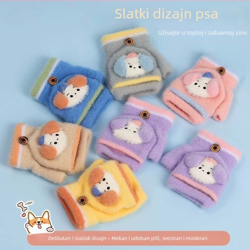 Dječje rukavice s pola prsta, karikaturni uzorak, umjetni kašmir, unisex, 2–5 godina
