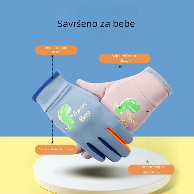 Dječje rukavice za jesen i zimu s crtanim dinosaurom koji svijetli u mraku, vodootporne, s fleecem i podstavom za vanjske aktivnosti i igru u snijegu