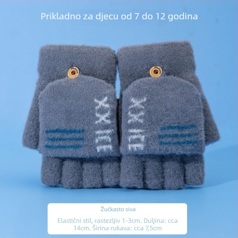 Dječje zimske rukavice s flip-top, pola prsta, Cartoon dizajn, pletene, jacquard, zadržavaju toplinu, za uzrast 7–12 godina