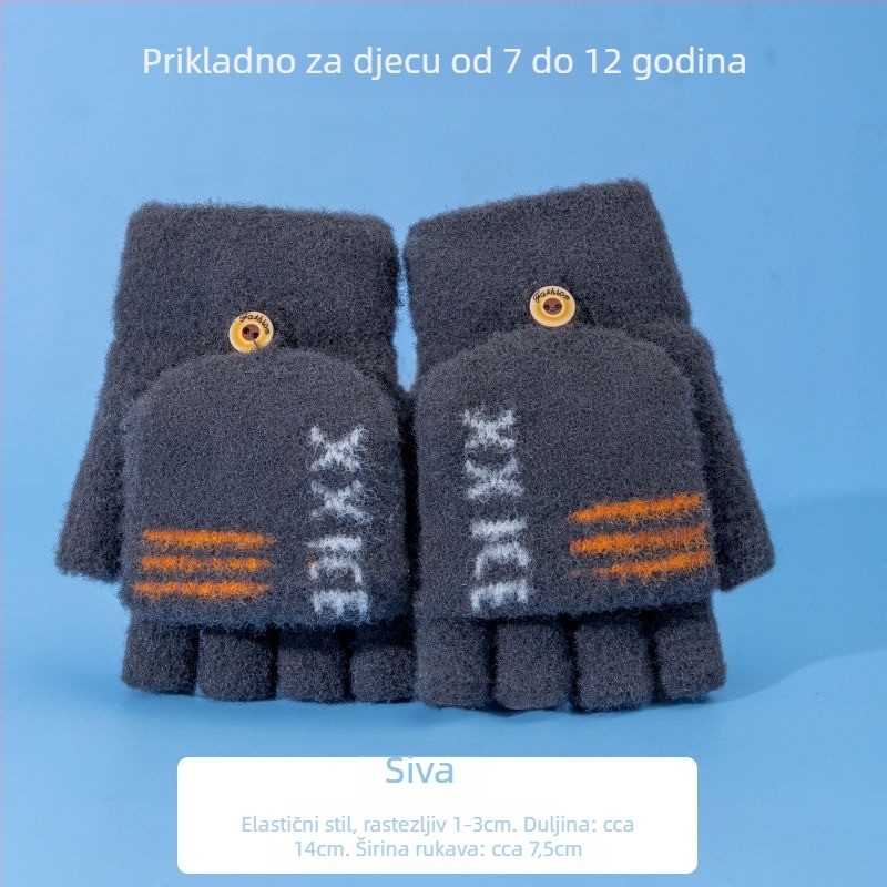 Dječje zimske rukavice s flip-top, pola prsta, Cartoon dizajn, pletene, jacquard, zadržavaju toplinu, za uzrast 7–12 godina