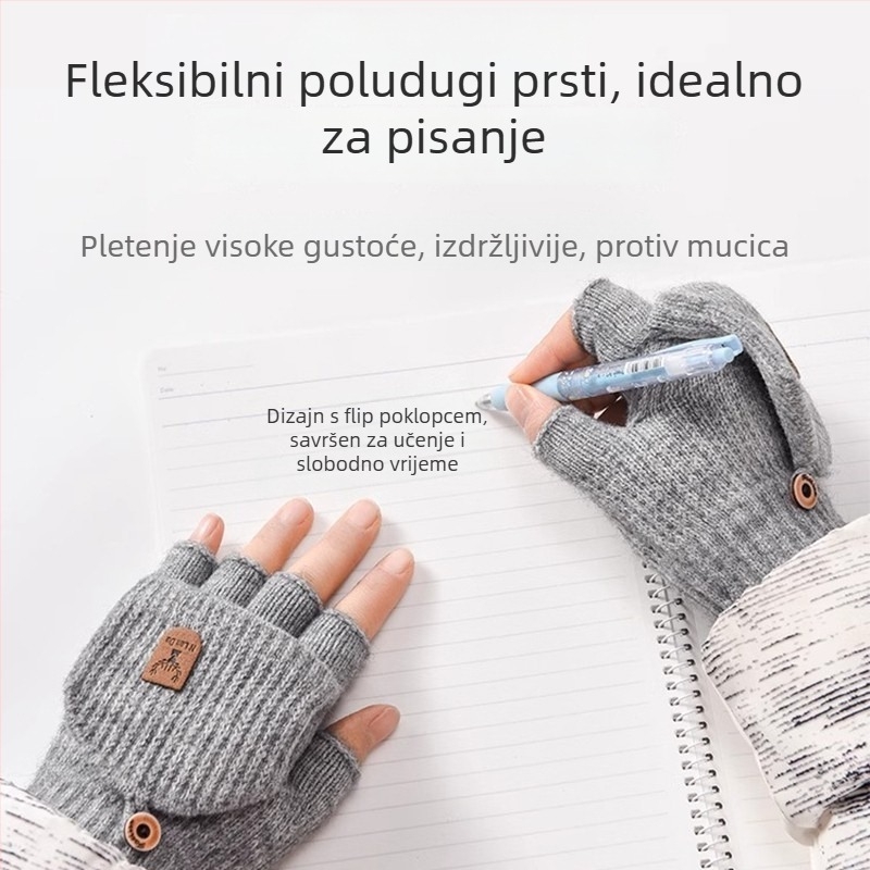 Pletena dječja rukavica za zimu, s pola prsta i preklopnim kapom, topla za pisanje