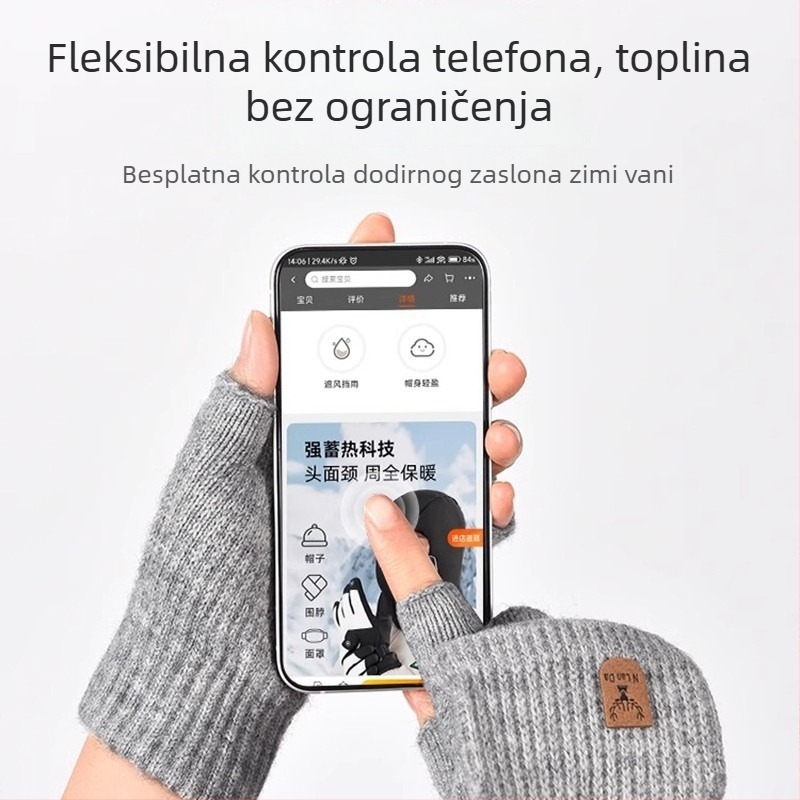 Pletena dječja rukavica za zimu, s pola prsta i preklopnim kapom, topla za pisanje