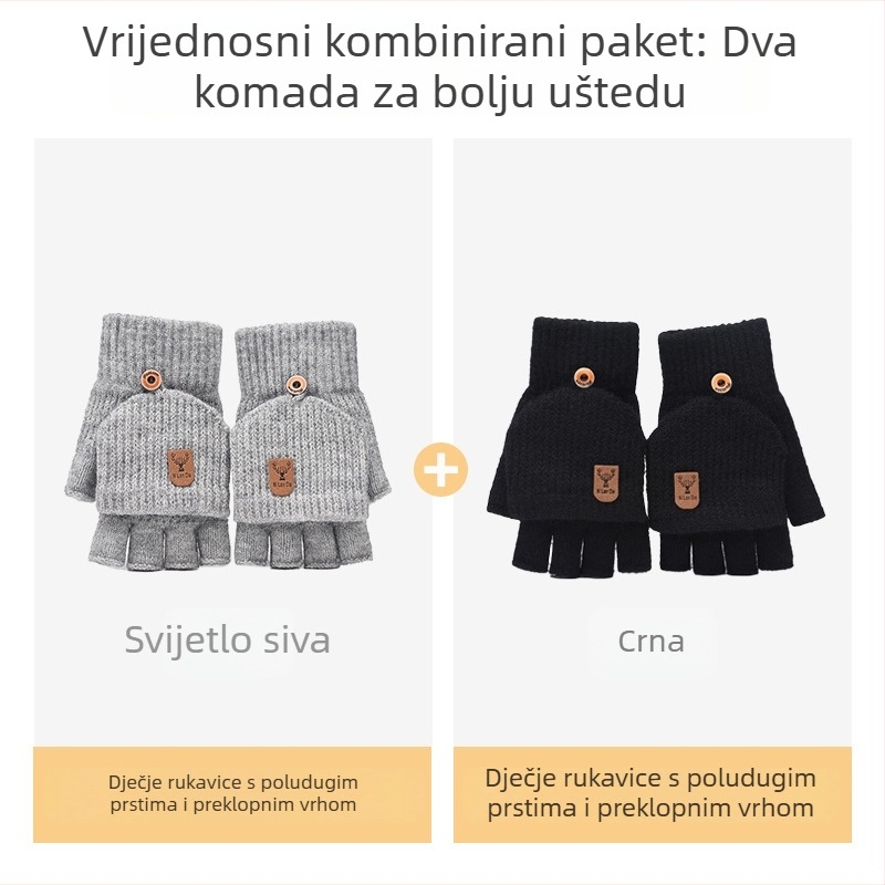 Pletena dječja rukavica za zimu, s pola prsta i preklopnim kapom, topla za pisanje