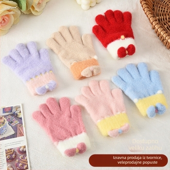 Dječje pletene rukavice s karikaturom mašnicom, Unisex, Odvojeni prsti (Korejski stil) (Crystal Mink; Karikatura uzorak; Zadržavaju toplinu; Uzrast 5–12 godina; Jacquard pletenje)