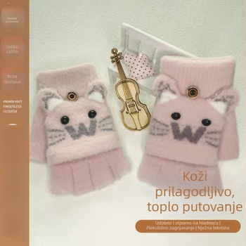 Dječje zimske rukavice s pola prsta, jacquard pletene, karikaturni uzorak, dobna skupina 7–18 godina