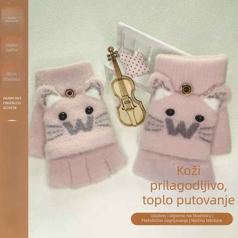 Dječje zimske rukavice s pola prsta, jacquard pletene, karikaturni uzorak, dobna skupina 7–18 godina