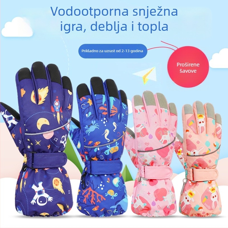 Dječje skijaške rukavice za zimu, od akrilnih vlakana, zadržavaju toplinu, rukavice s prstima u karikaturalnom stilu, uzrast 2–13 godina.