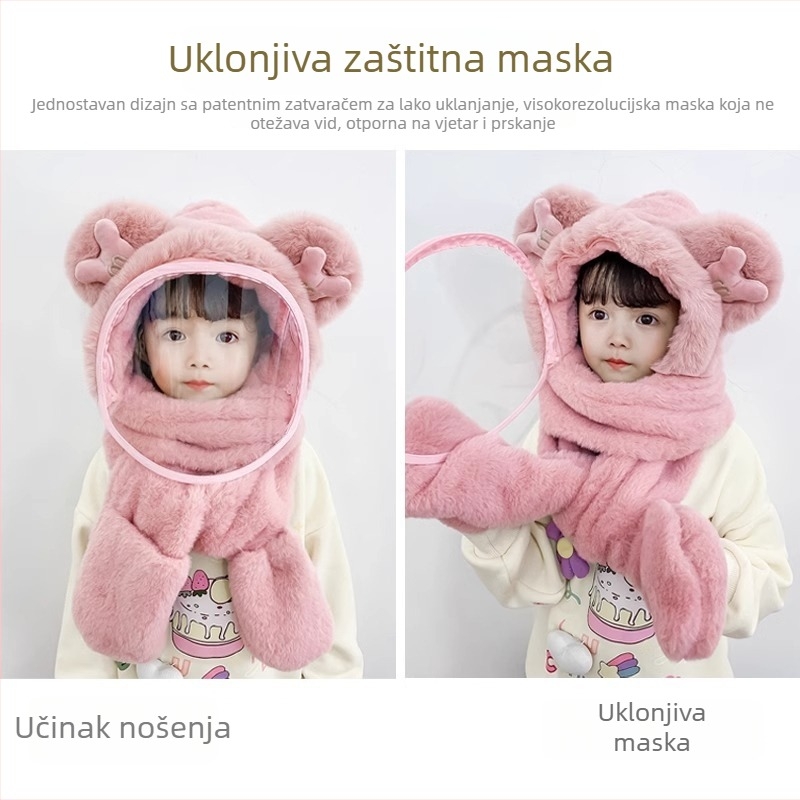 Dječja zimska kapa od pliša s integriranom zaštitnom maskom, zaštita ušiju, otporna na vjetar, poliester