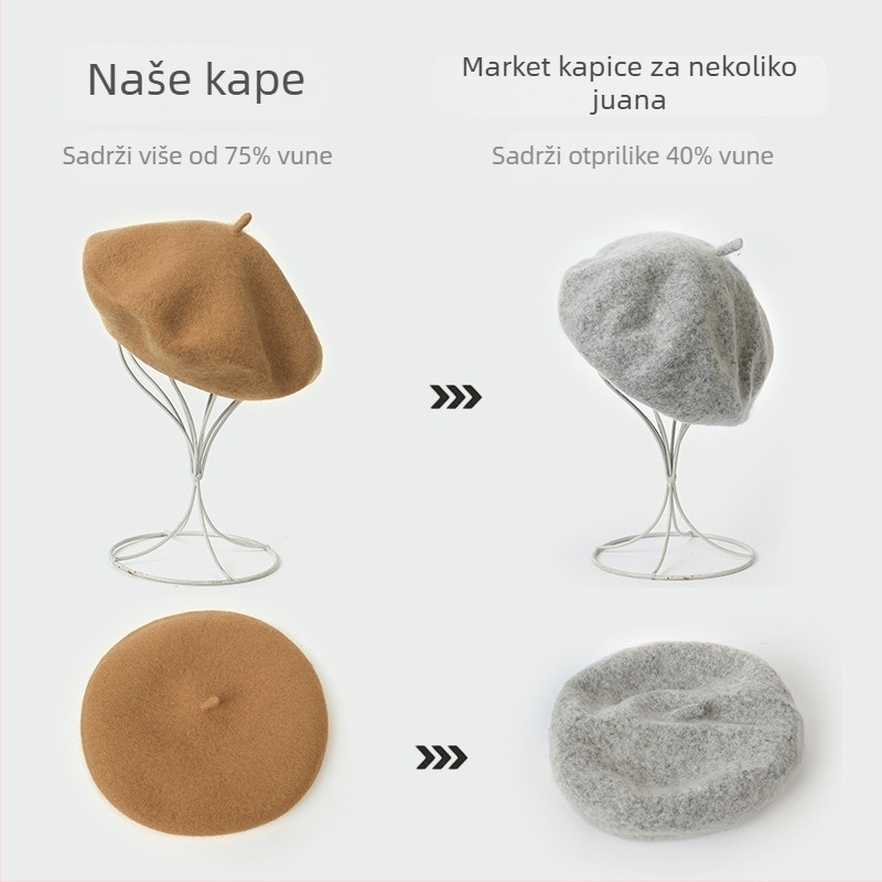 Zimski dječji beret s kupolnim oblikom, vunena mješavina, korejski stil, jednobojna, za dob 2–6 godina