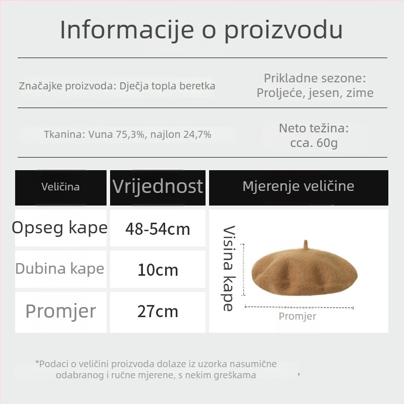 Zimski dječji beret s kupolnim oblikom, vunena mješavina, korejski stil, jednobojna, za dob 2–6 godina