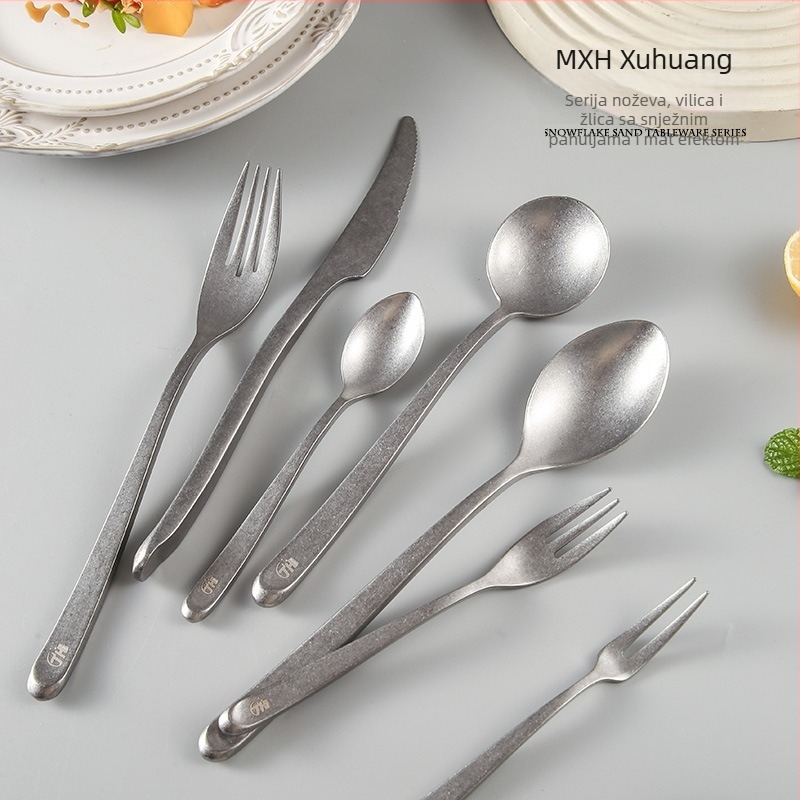 Set pribora od 304 nehrđajućeg čelika, vintage uzorak pahulje snijega – uključuje nož za steak, vilice, žlice, žlicu za kavu, desertnu žlicu i poslužnu žlicu